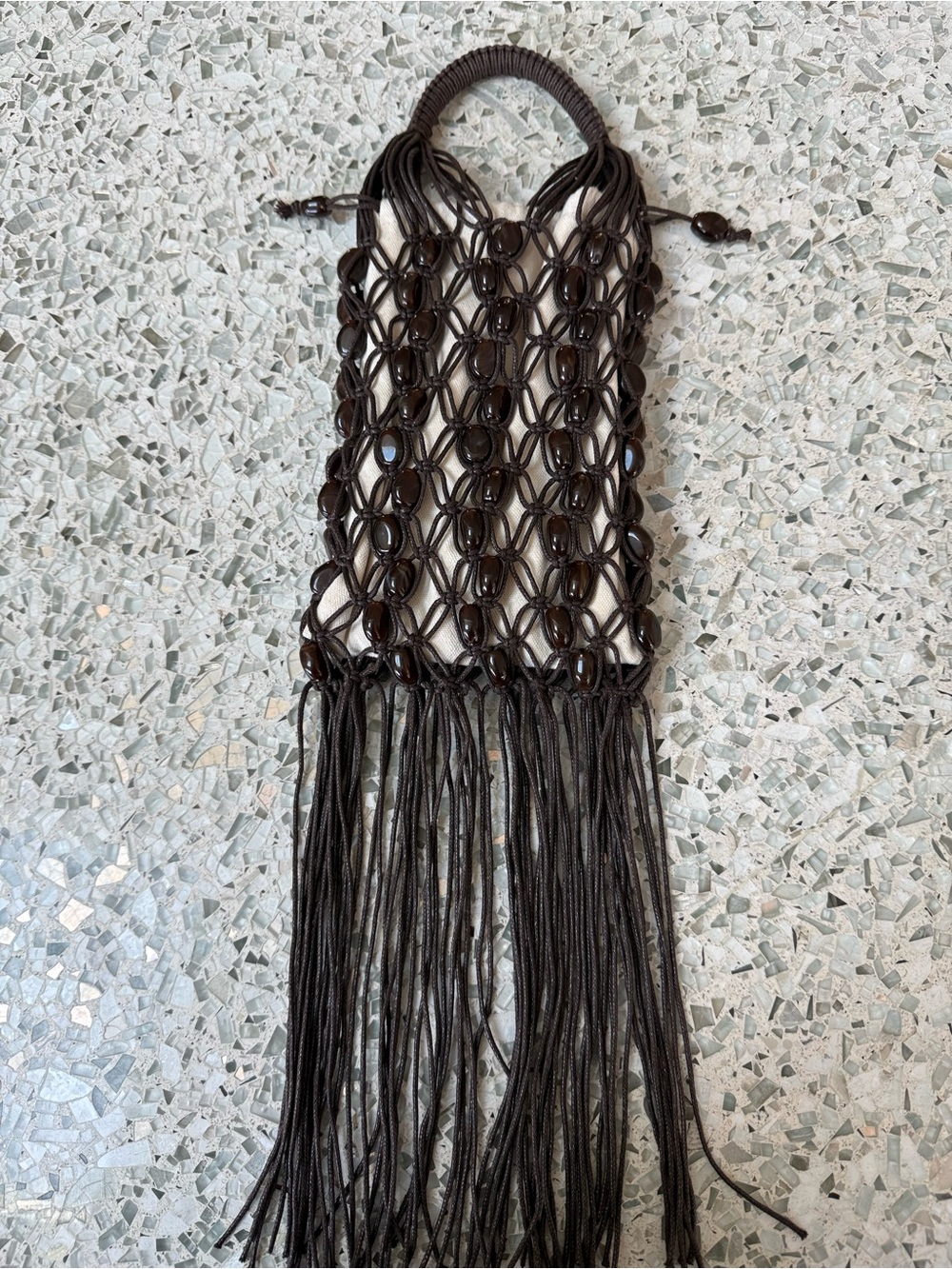 Macramé Fringe & Glass Beaded Pouch/Bag in Dark Brown